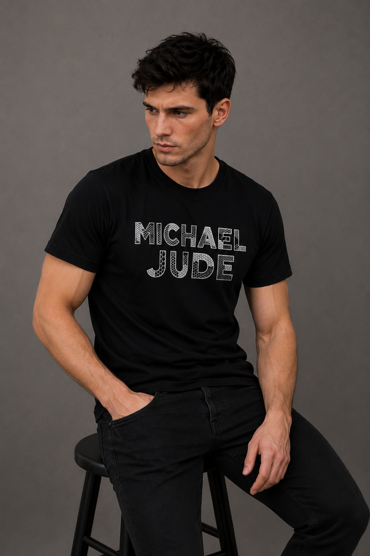 Michael Jude Hexa Texture Typography T-Shirt – Black | Premium Cotton Regular Fit