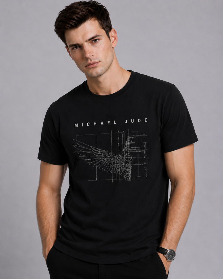 Michael Jude Blueprint Half Wing Graphic T-Shirt – Black | Premium Cotton Regular Fit