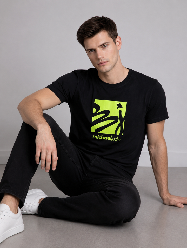 Michael Jude Green Neon Abstract Graphic T-Shirt – Black | Premium Cotton Regular Fit