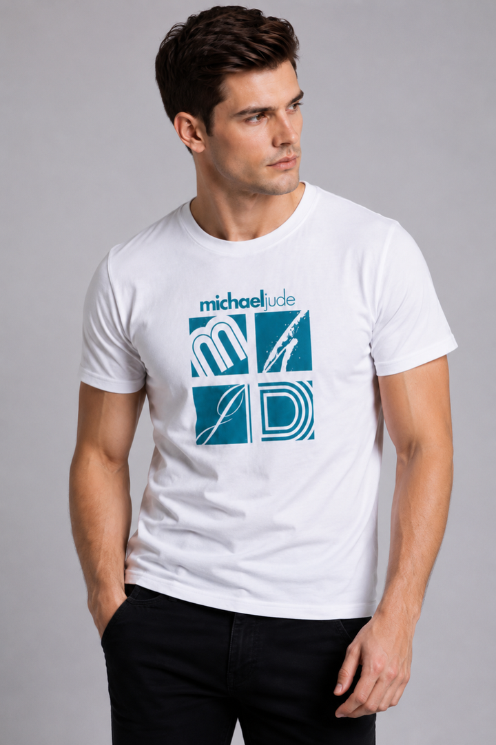 Michael Jude Signature Grid Graphic T-Shirt – White | Premium Cotton Regular Fit