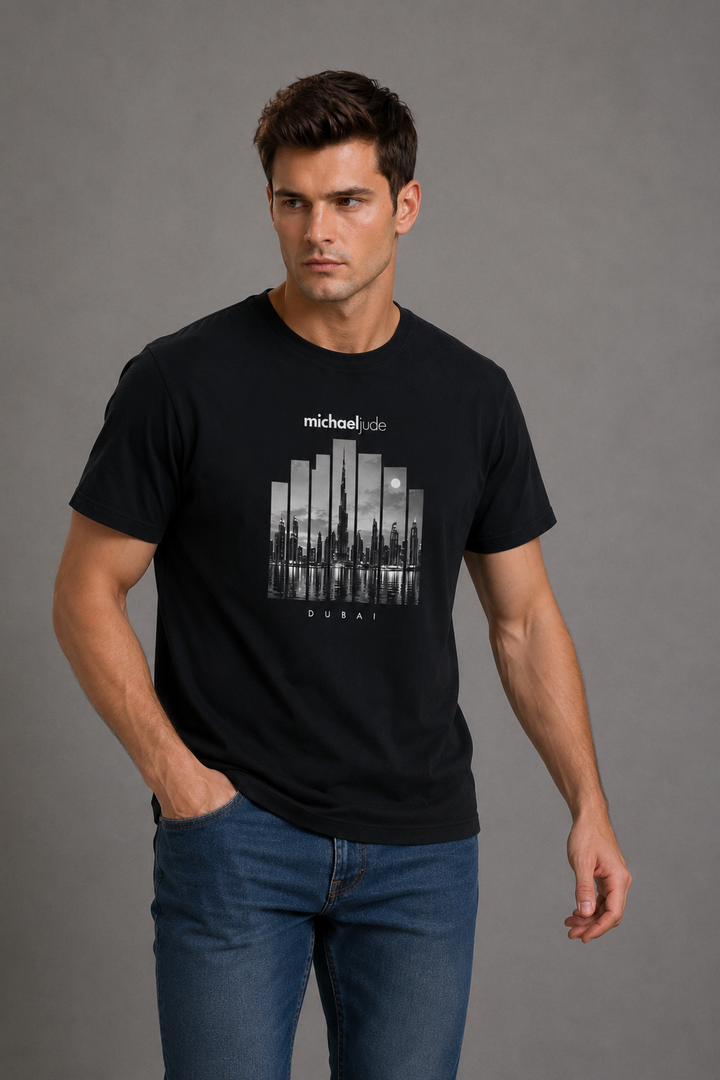 Michael Jude Dubai Skyline Graphic T-Shirt – Black | Premium Cotton Regular Fit