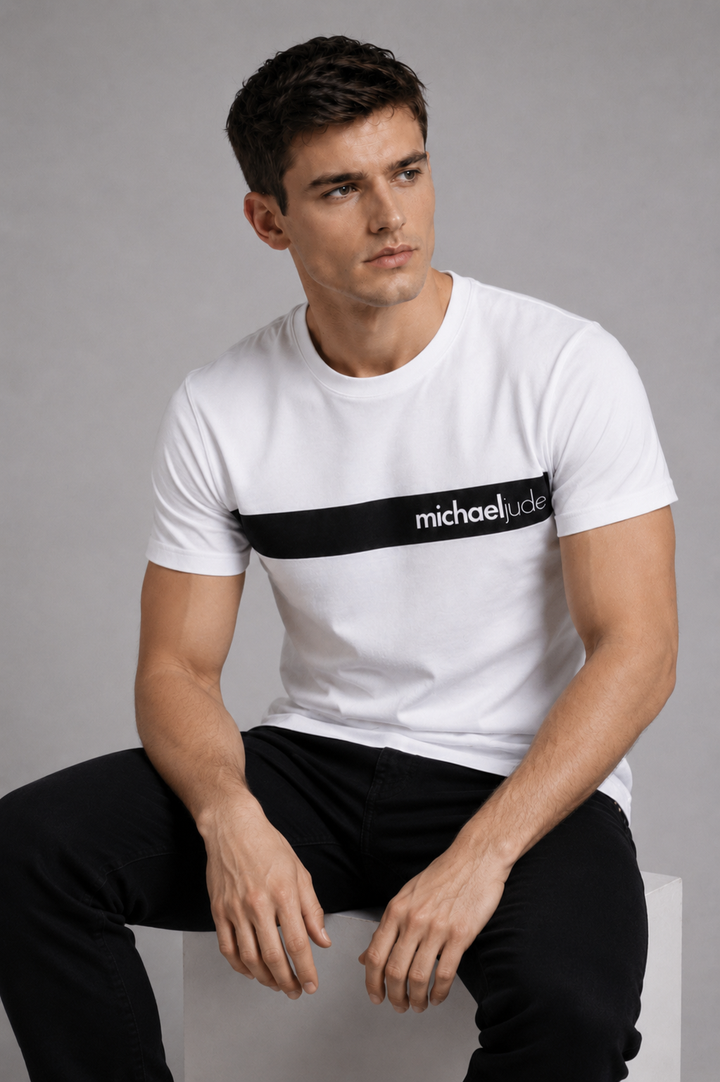 Michael Jude Minimal Stripe Premium White T-Shirt for Men