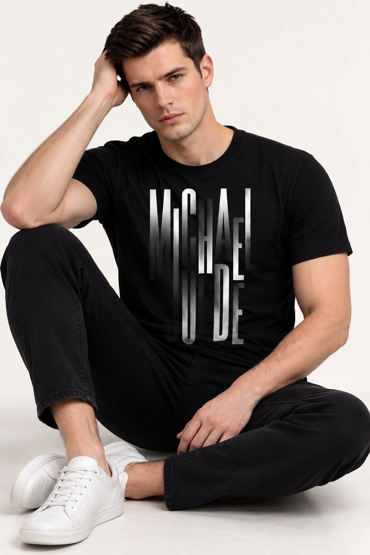 Michael Jude Vertical Gradient Typography T-Shirt – Black | Premium Cotton Regular Fit