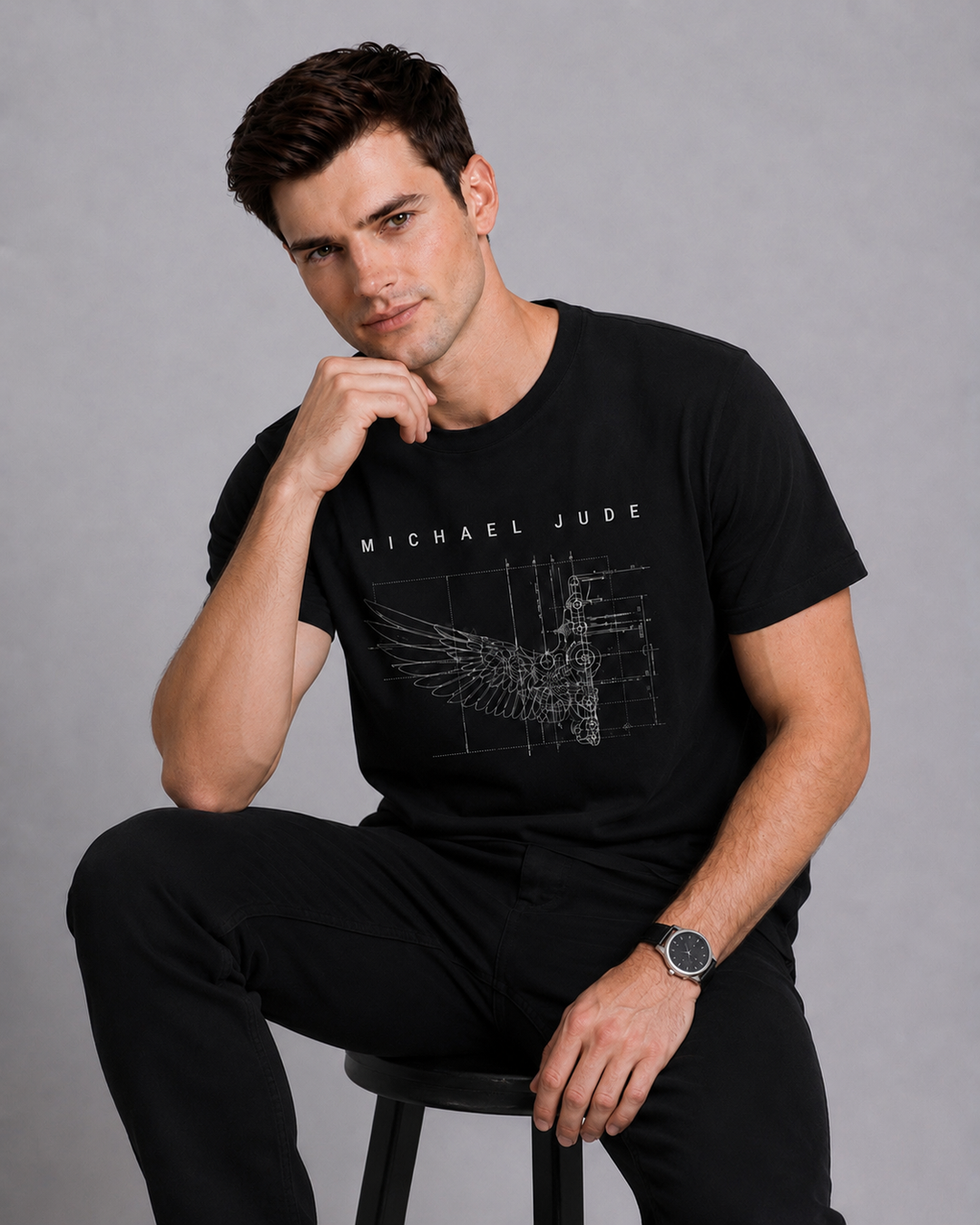 Michael Jude Blueprint Half Wing Graphic T-Shirt – Black | Premium Cotton Regular Fit
