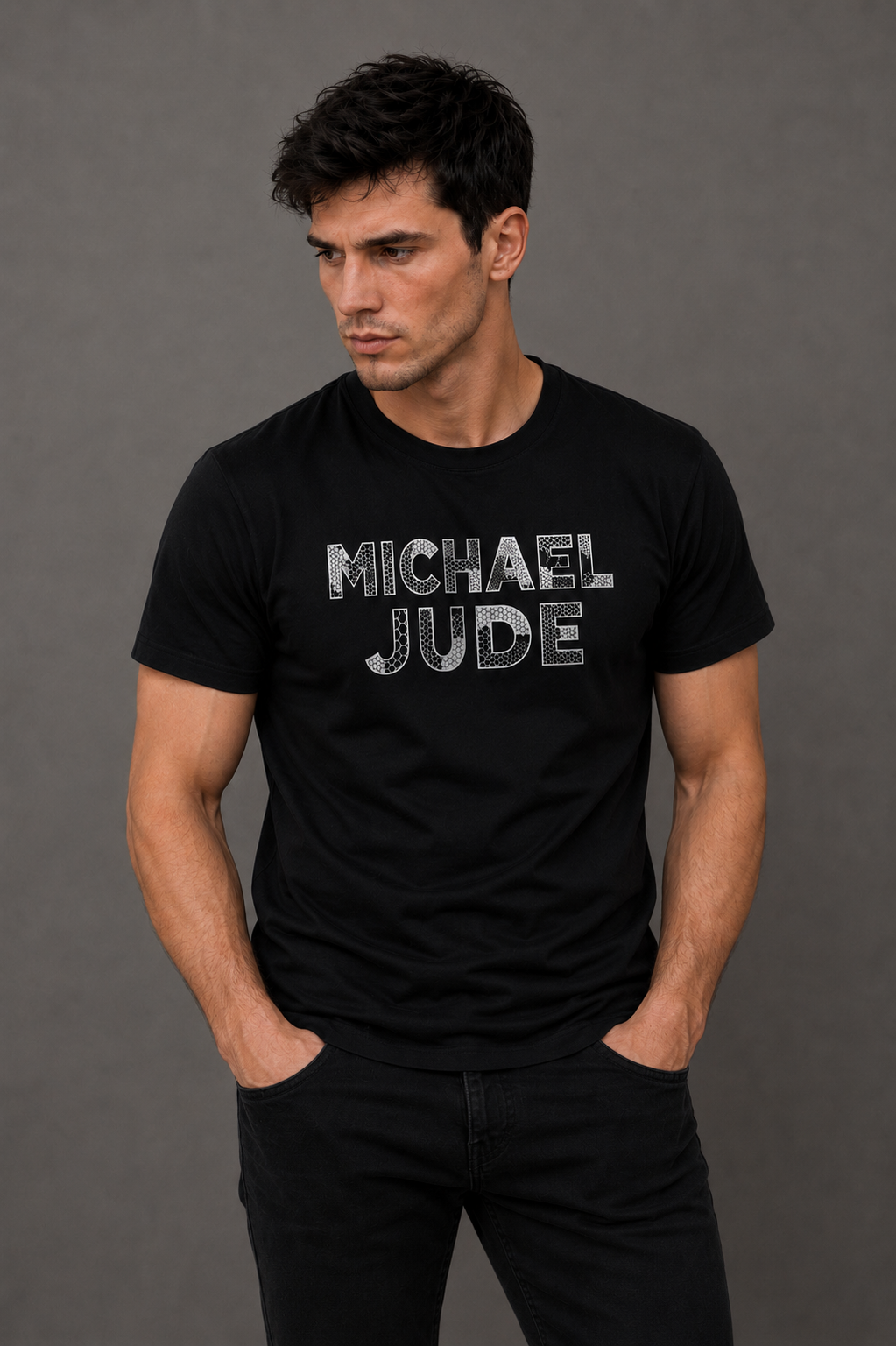 Michael Jude Hexa Texture Typography T-Shirt – Black | Premium Cotton Regular Fit