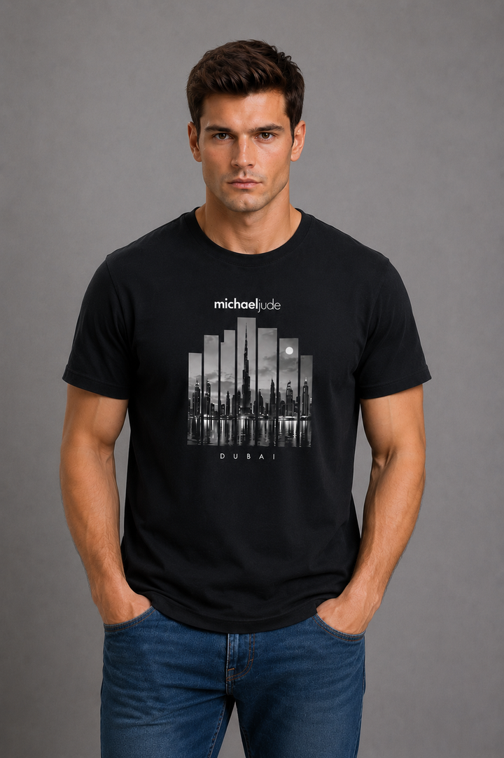 Michael Jude Dubai Skyline Graphic T-Shirt – Black | Premium Cotton Regular Fit