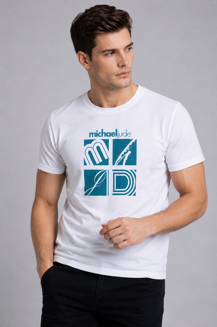 Michael Jude Signature Grid Graphic T-Shirt – White | Premium Cotton Regular Fit