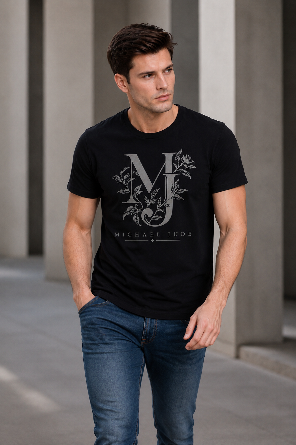 Michael Jude Botanical Monogram T-Shirt – Black | Premium Cotton Regular Fit