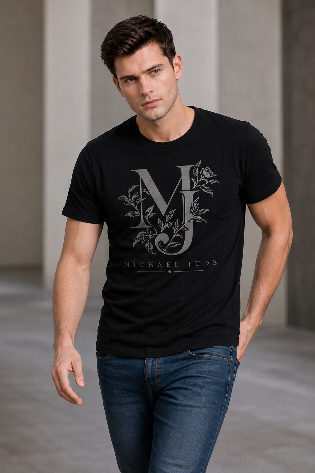 Michael Jude Botanical Monogram T-Shirt – Black | Premium Cotton Regular Fit