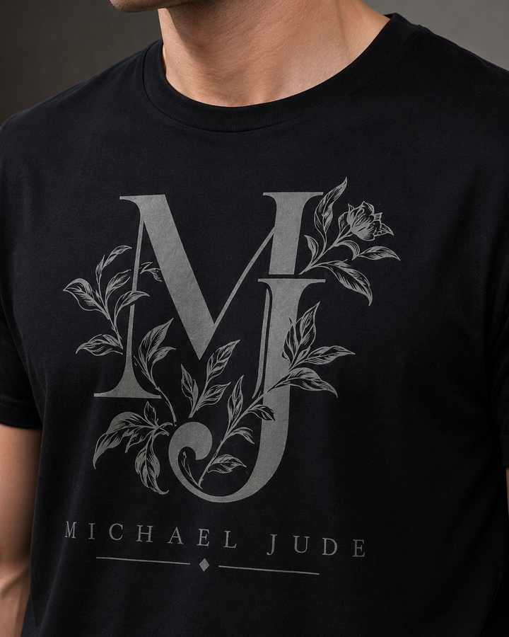 Michael Jude Botanical Monogram T-Shirt – Black | Premium Cotton Regular Fit