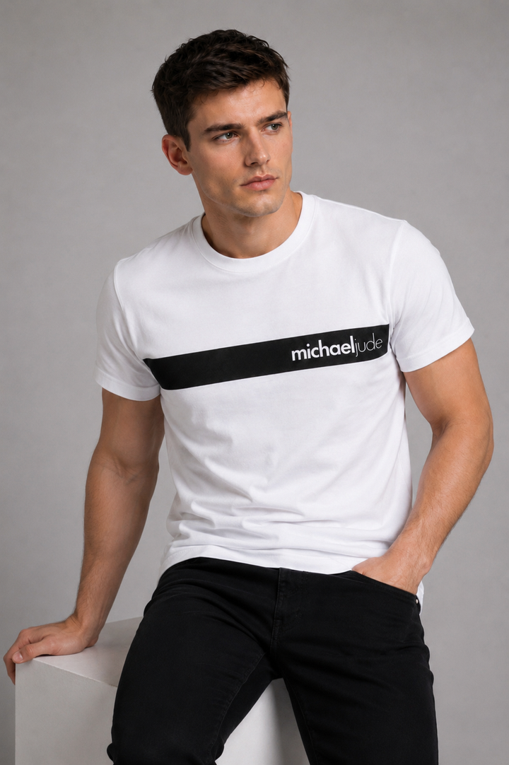 Michael Jude Minimal Stripe Premium White T-Shirt for Men