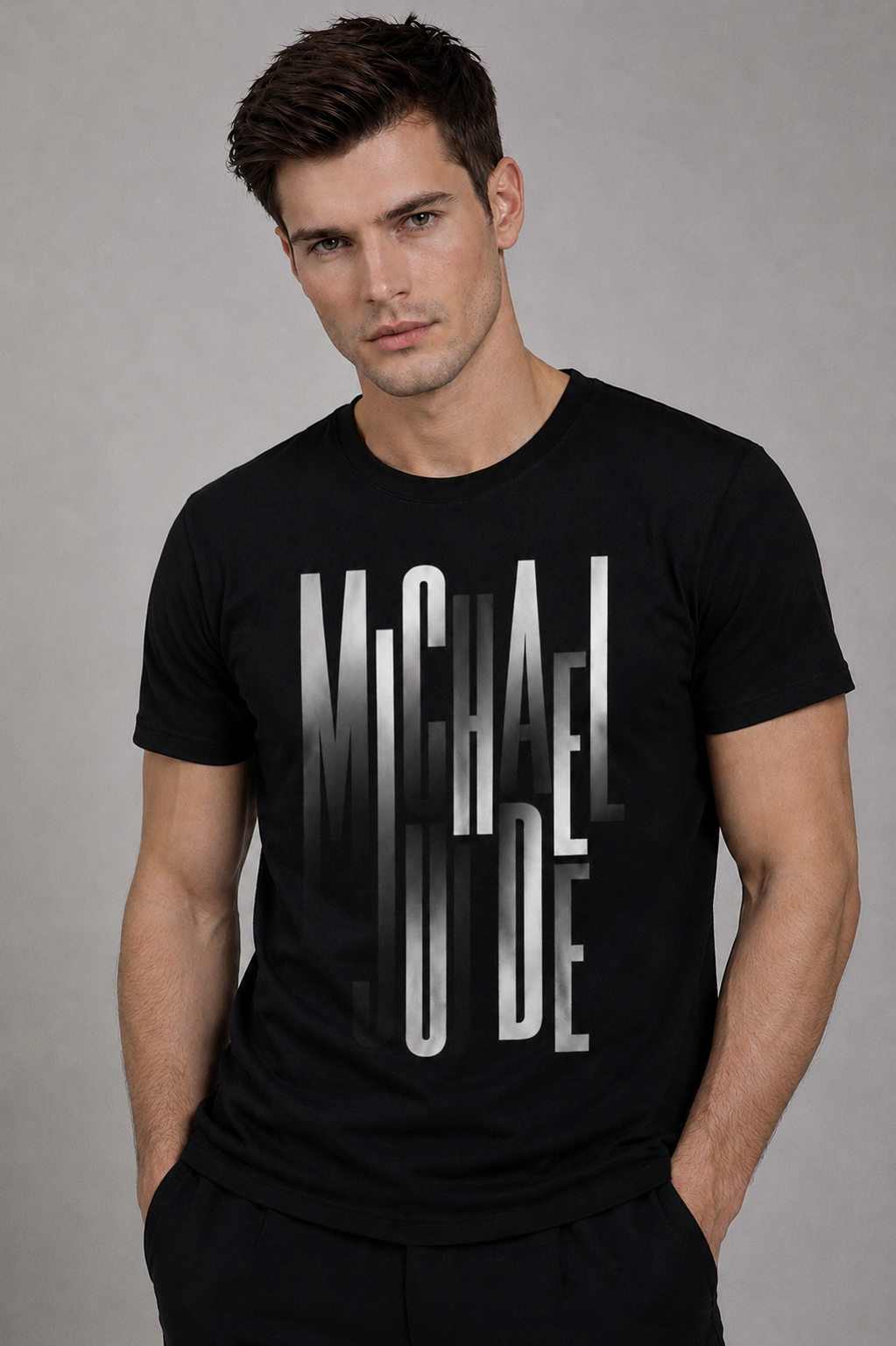 Michael Jude Vertical Gradient Typography T-Shirt – Black | Premium Cotton Regular Fit