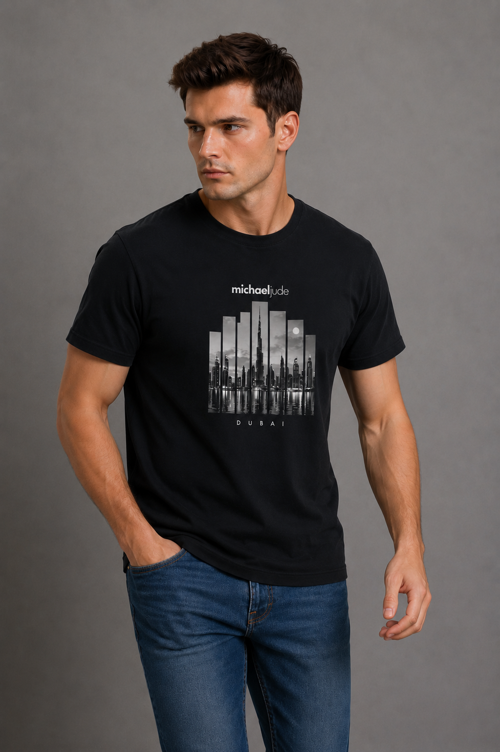 Michael Jude Dubai Skyline Graphic T-Shirt – Black | Premium Cotton Regular Fit