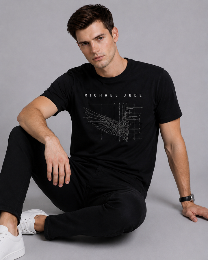 Michael Jude Blueprint Half Wing Graphic T-Shirt – Black | Premium Cotton Regular Fit
