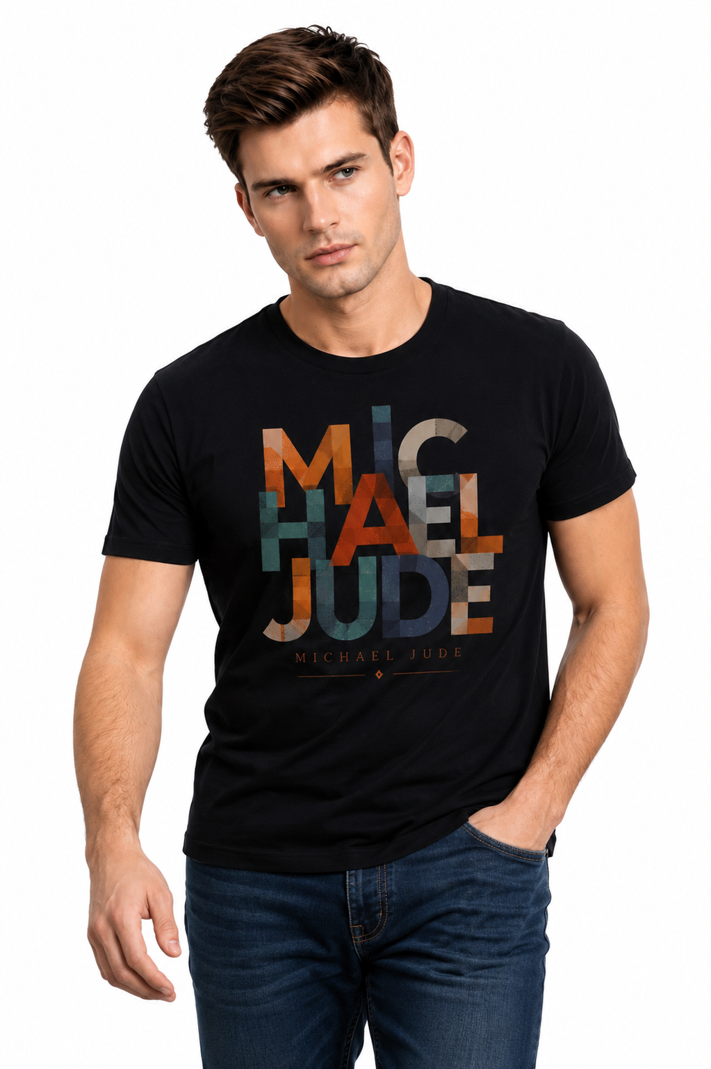 Michael Jude Mosaic Typography T-Shirt – Black | Premium Cotton Regular Fit