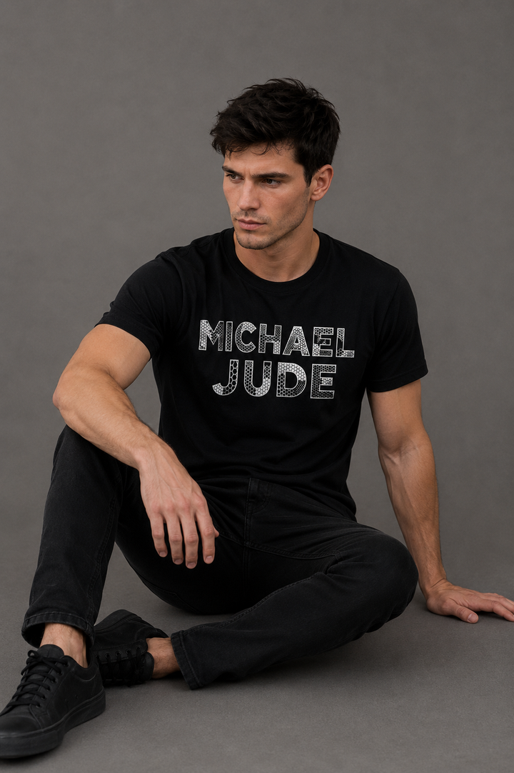 Michael Jude Hexa Texture Typography T-Shirt – Black | Premium Cotton Regular Fit