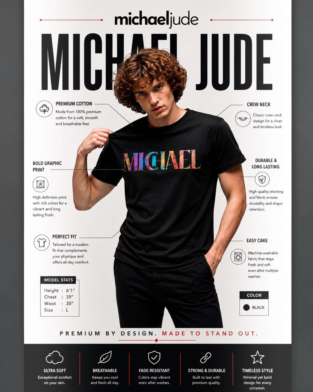 Michael Jude Premium Graphic Cotton T-Shirt – Black, multi gradient design