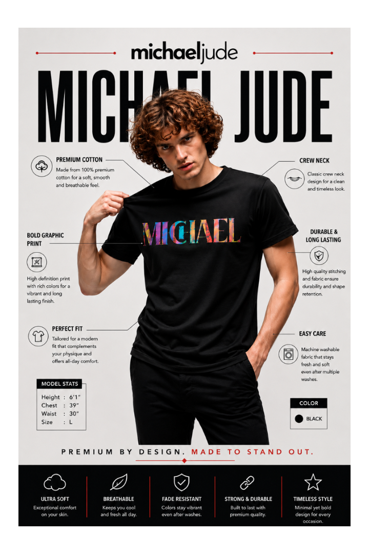 Michael Jude Premium Graphic Cotton T-Shirt – Black, multi gradient design