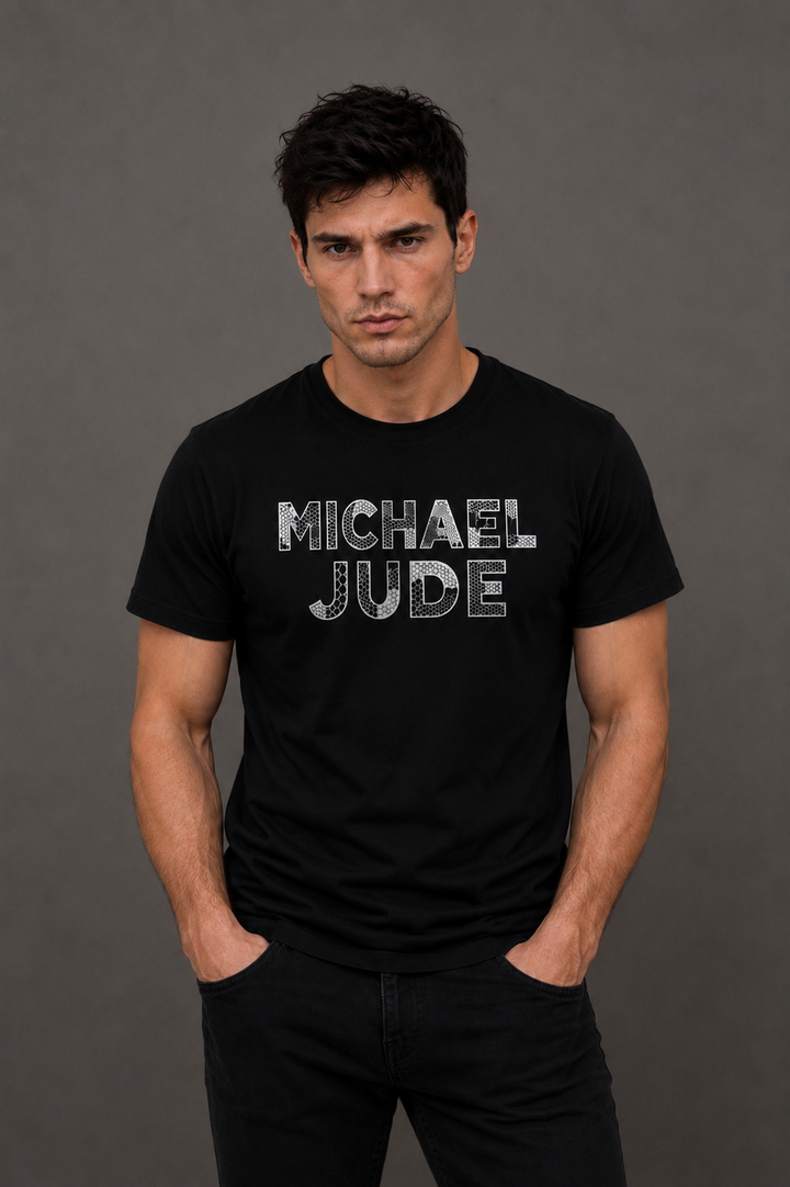 Michael Jude Hexa Texture Typography T-Shirt – Black | Premium Cotton Regular Fit