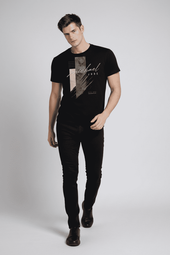 Michael Jude Black Premium Cotton Graphic T-Shirt – Urban Minimal Typography | Regular Fit