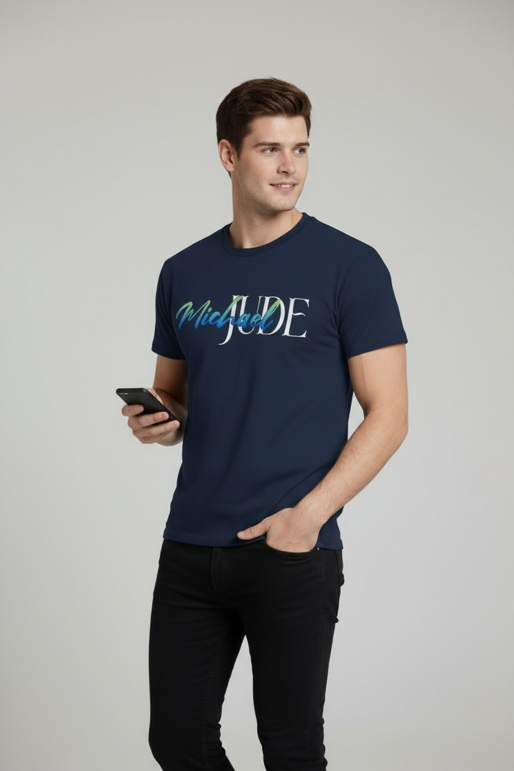 Michael Jude Signature Typography Premium Navy Blue T-Shirt for Men