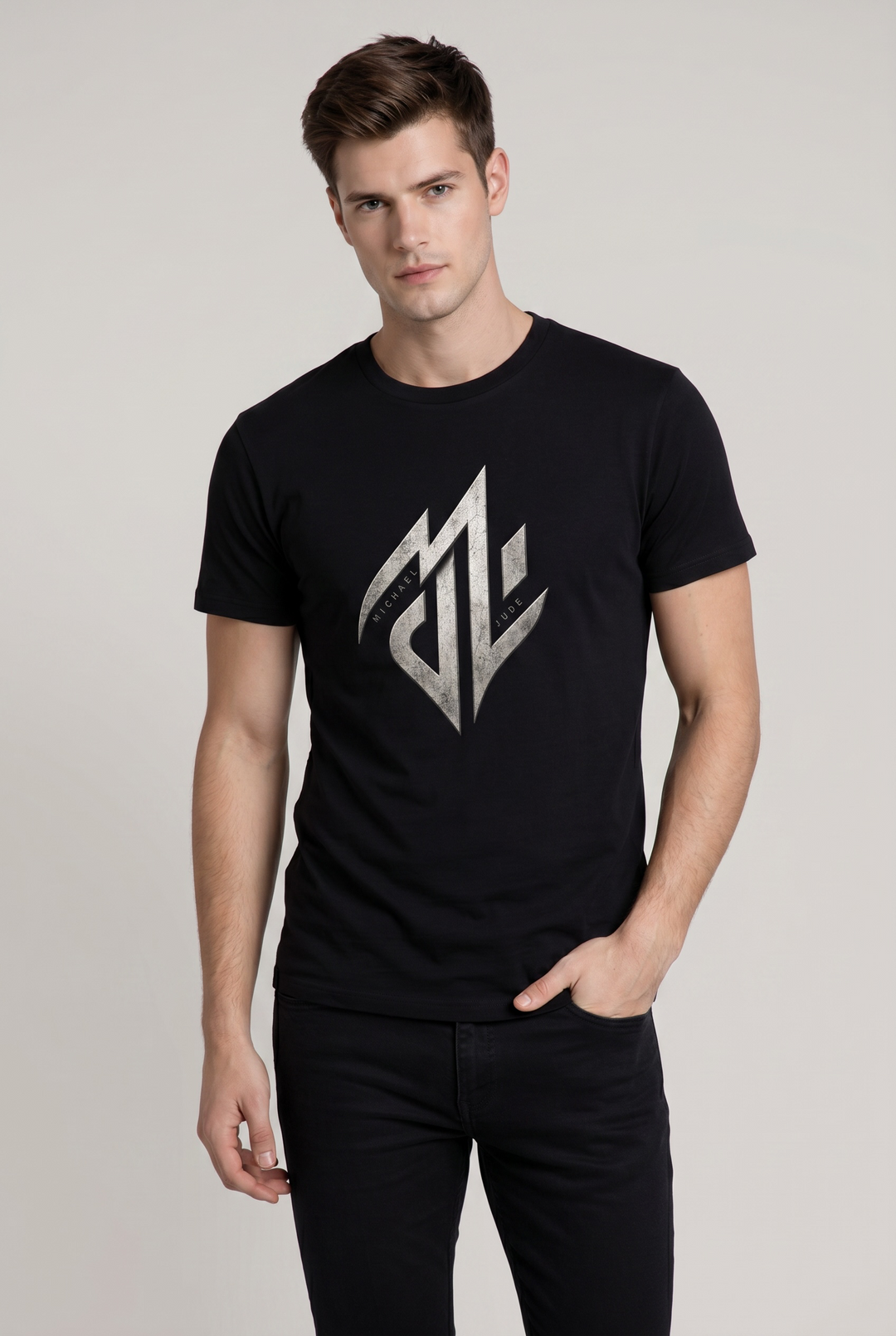 Michael Jude Metallic Monogram Premium Black T-Shirt for Men