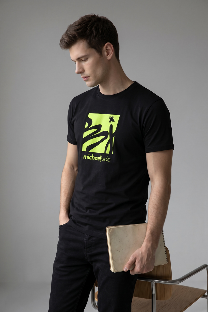 Michael Jude Green Neon Abstract Graphic T-Shirt – Black | Premium Cotton Regular Fit