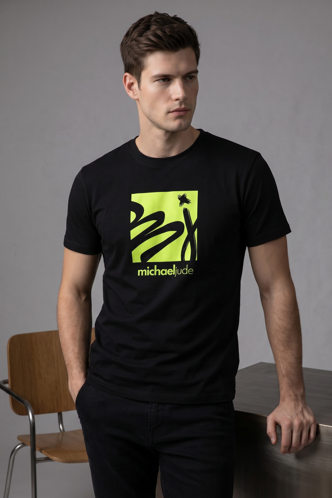 Michael Jude Green Neon Abstract Graphic T-Shirt – Black | Premium Cotton Regular Fit