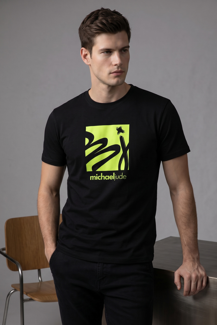 Michael Jude Green Neon Abstract Graphic T-Shirt – Black | Premium Cotton Regular Fit