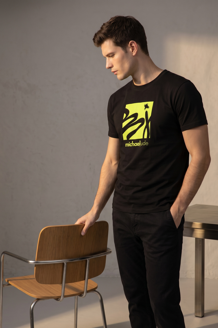 Michael Jude Green Neon Abstract Graphic T-Shirt – Black | Premium Cotton Regular Fit