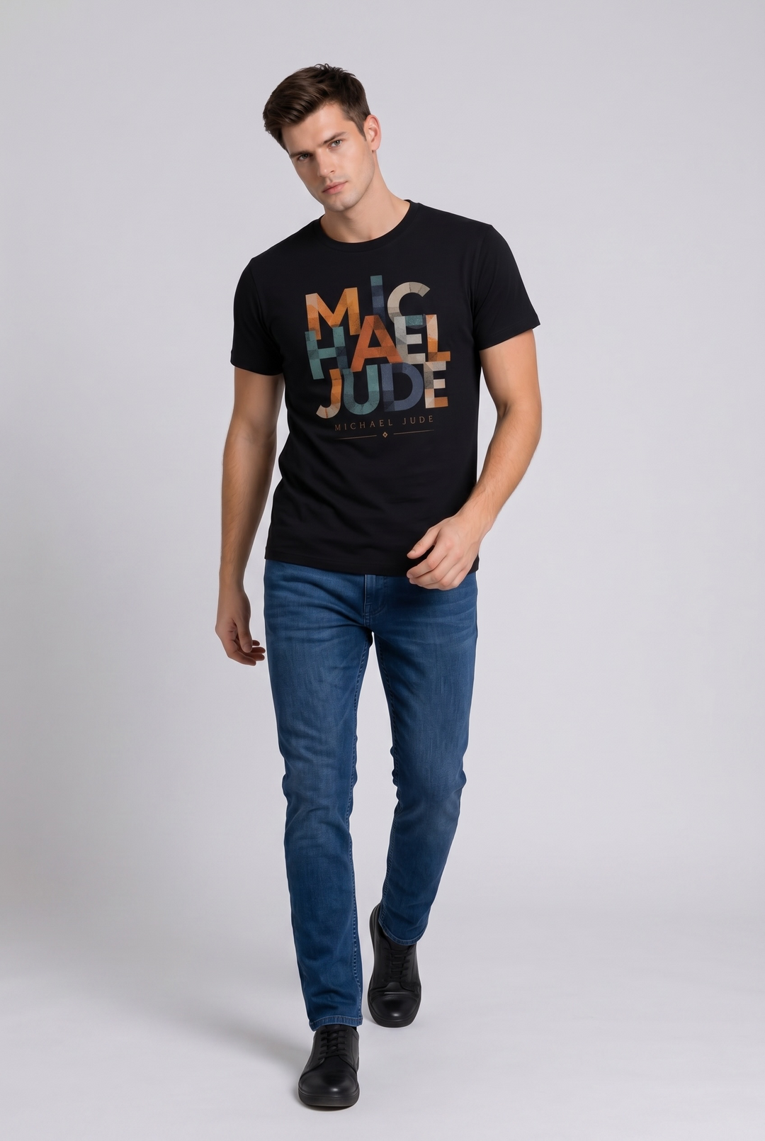 Michael Jude Mosaic Typography T-Shirt – Black | Premium Cotton Regular Fit