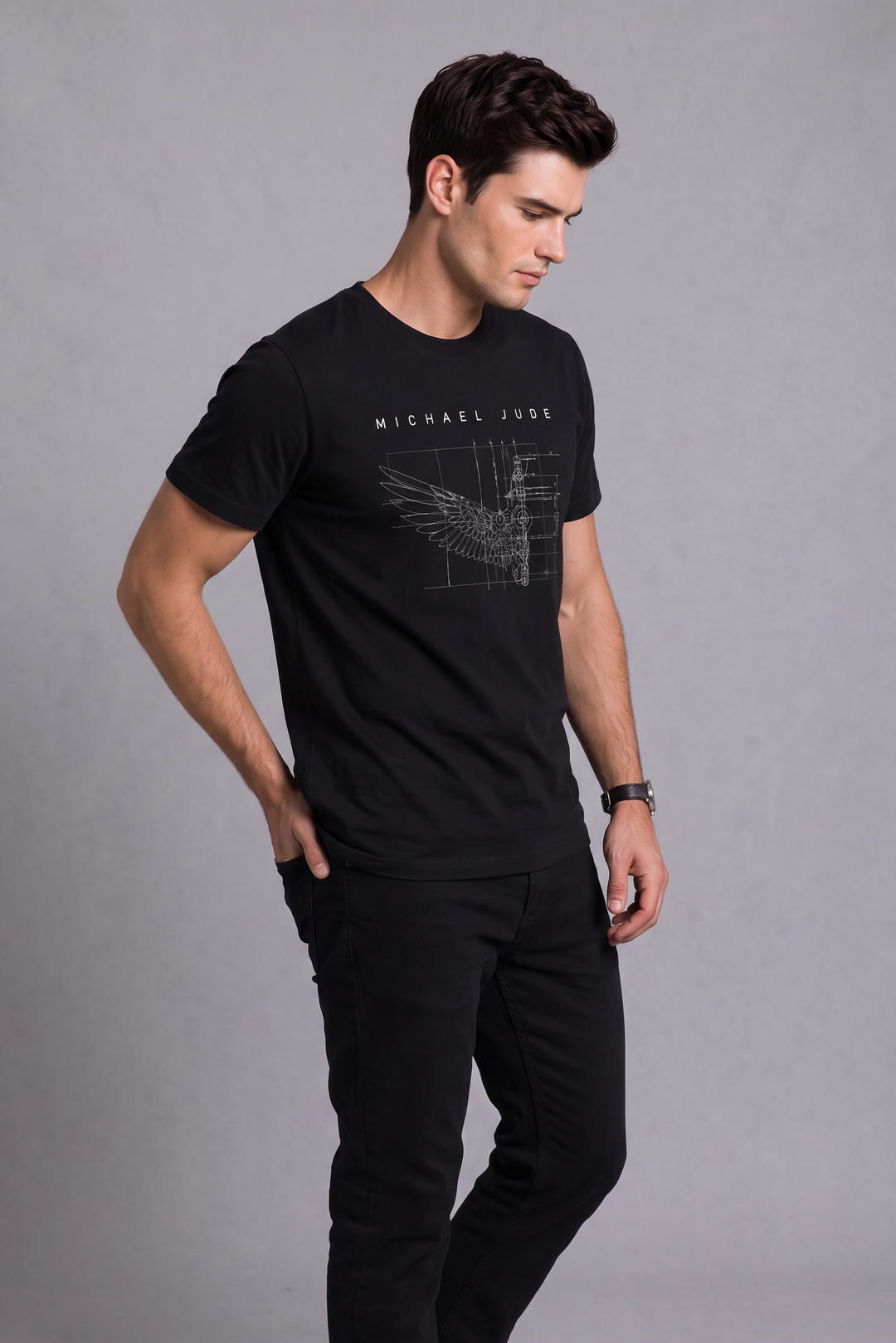 Michael Jude Blueprint Half Wing Graphic T-Shirt – Black | Premium Cotton Regular Fit