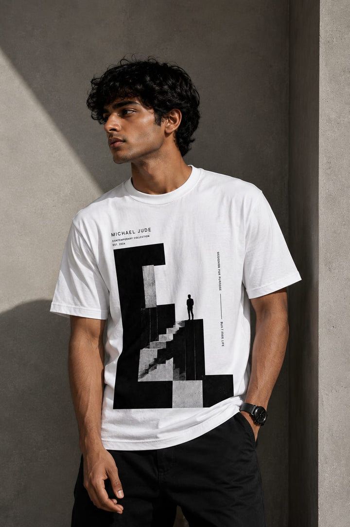 Michael Jude Minimalist Graphic Print White T-Shirt for Men | Premium Cotton Streetwear