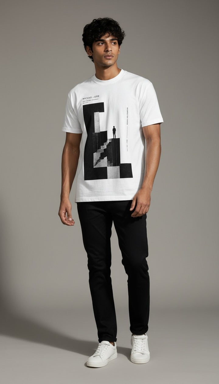 Michael Jude Minimalist Graphic Print White T-Shirt for Men | Premium Cotton Streetwear