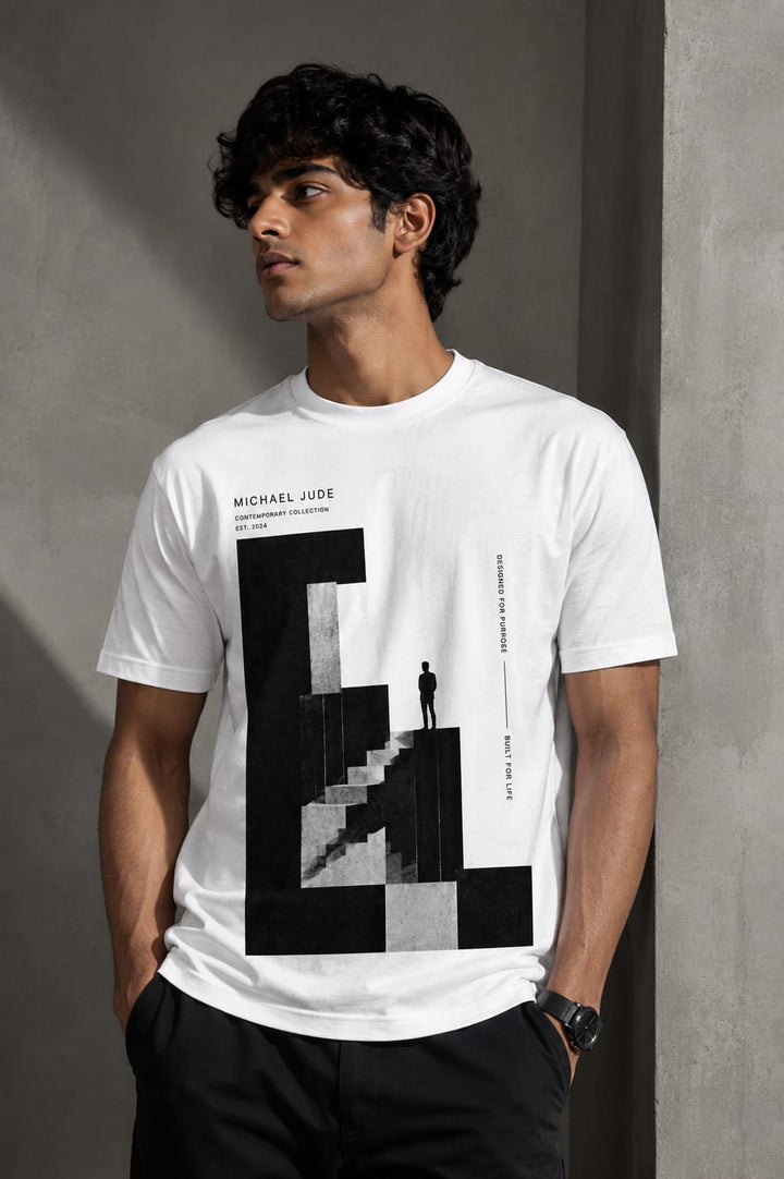 Michael Jude Minimalist Graphic Print White T-Shirt for Men | Premium Cotton Streetwear