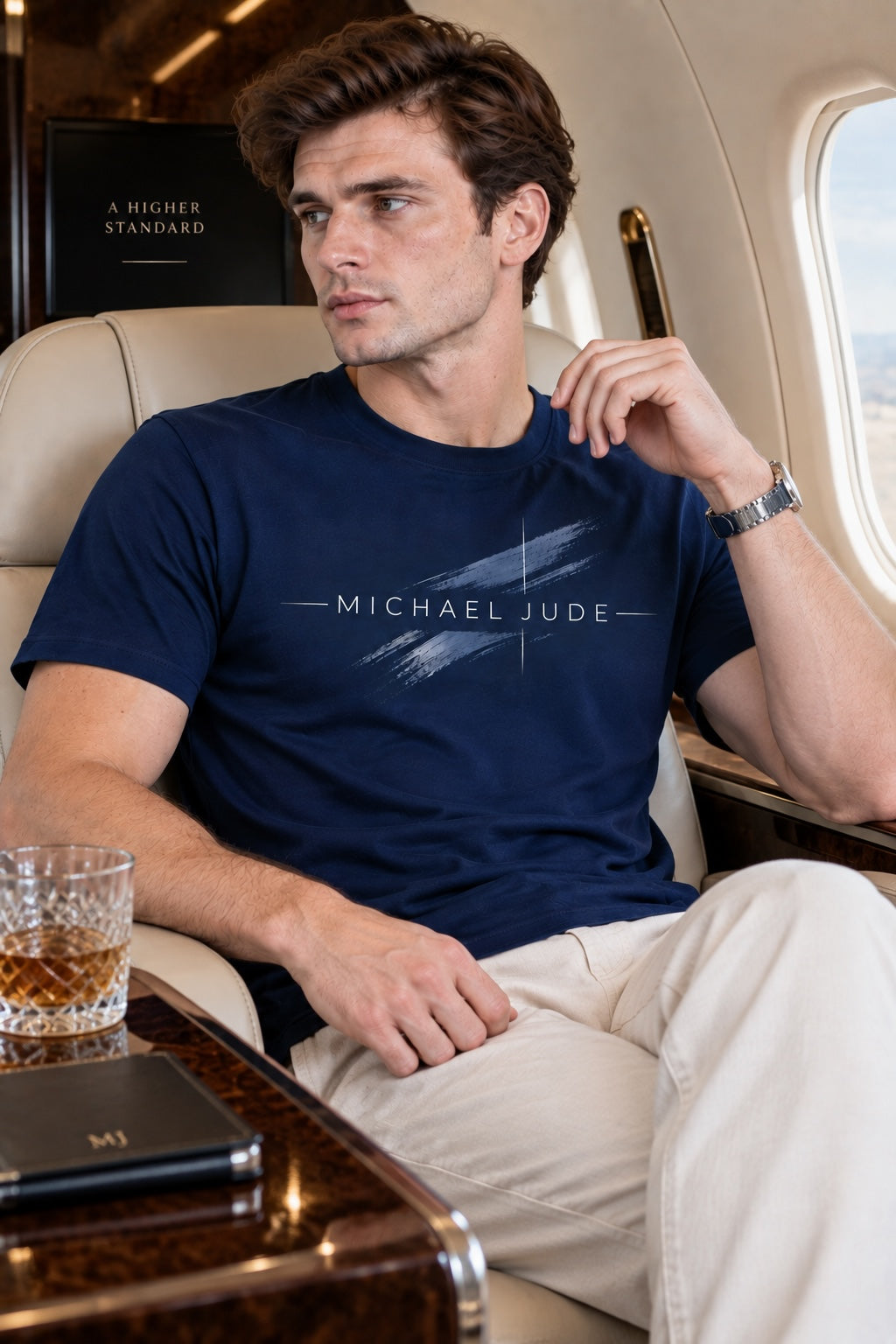A man wearing a navy blue Michael Jude graphic crewneck t-shirt with a brushstroke design while seated in a private jet.